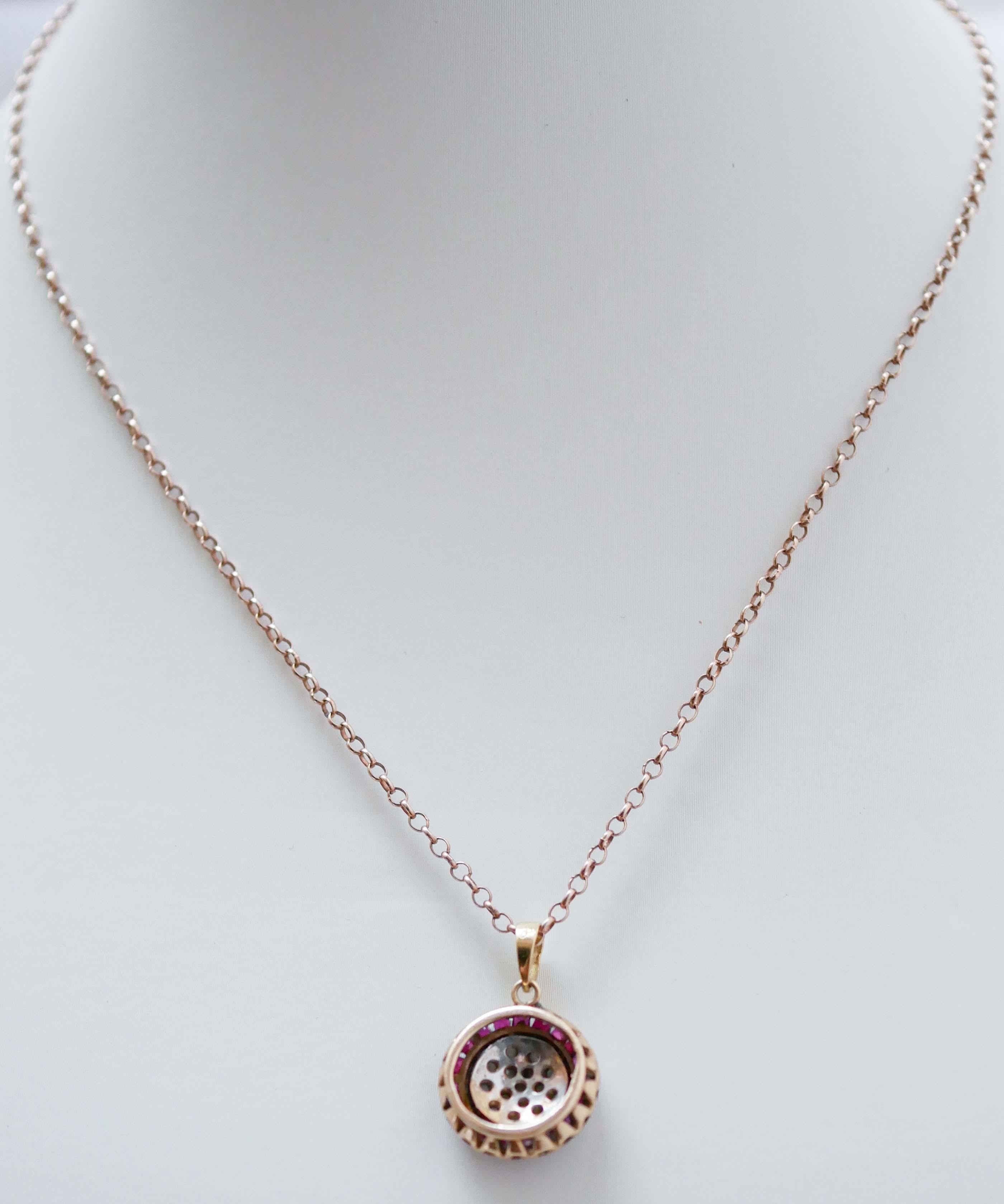 Mixed Cut Rubies, Diamonds, Rose Gold and Silver Pendant Necklace.