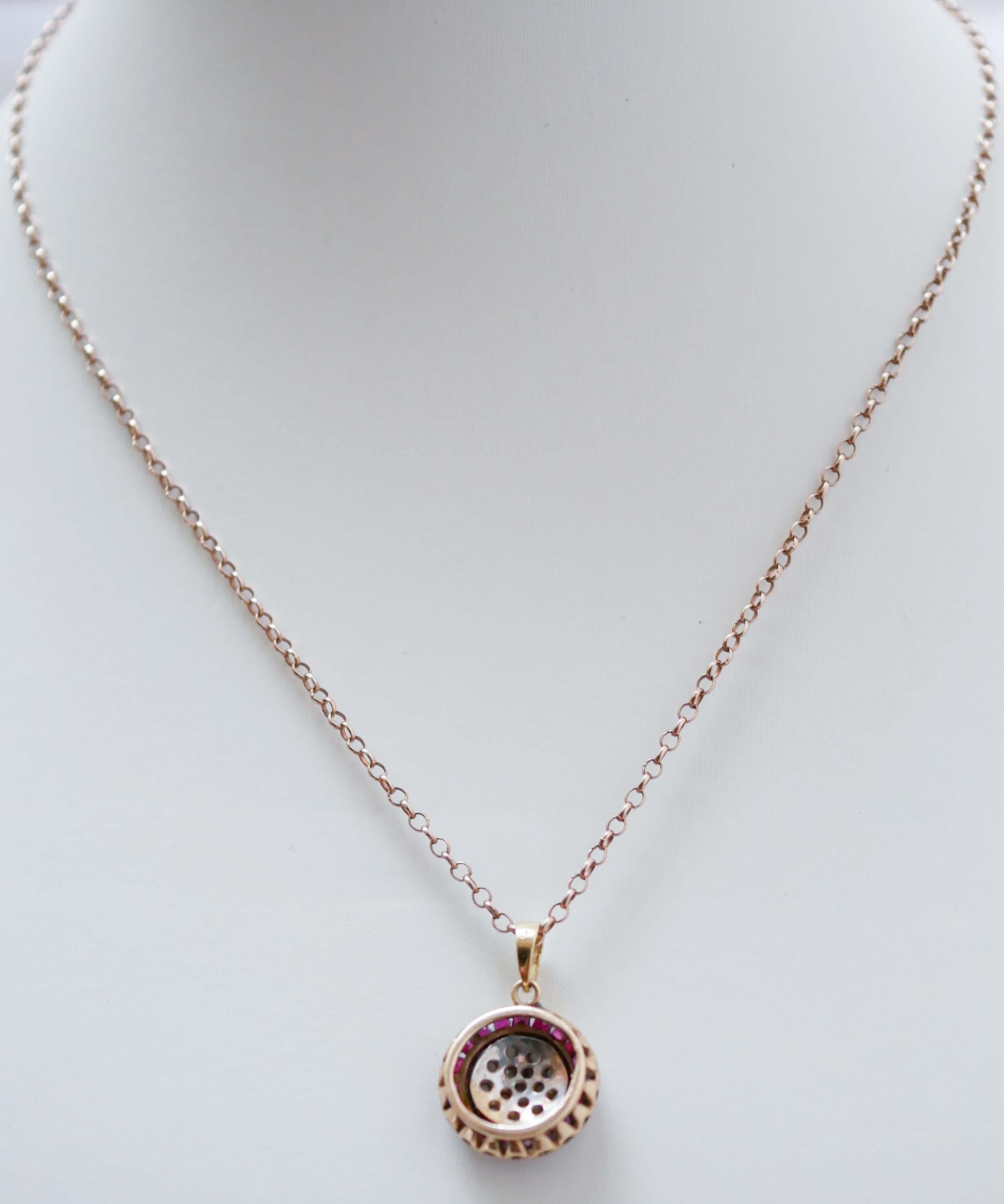 Mixed Cut Rubies, Diamonds, Rose Gold and Silver Pendant Necklace. For Sale