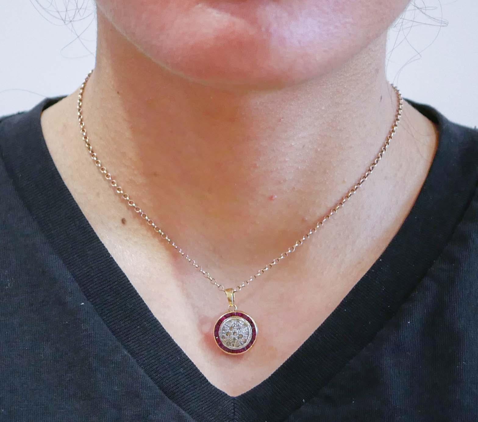 Women's Rubies, Diamonds, Rose Gold and Silver Pendant Necklace. For Sale