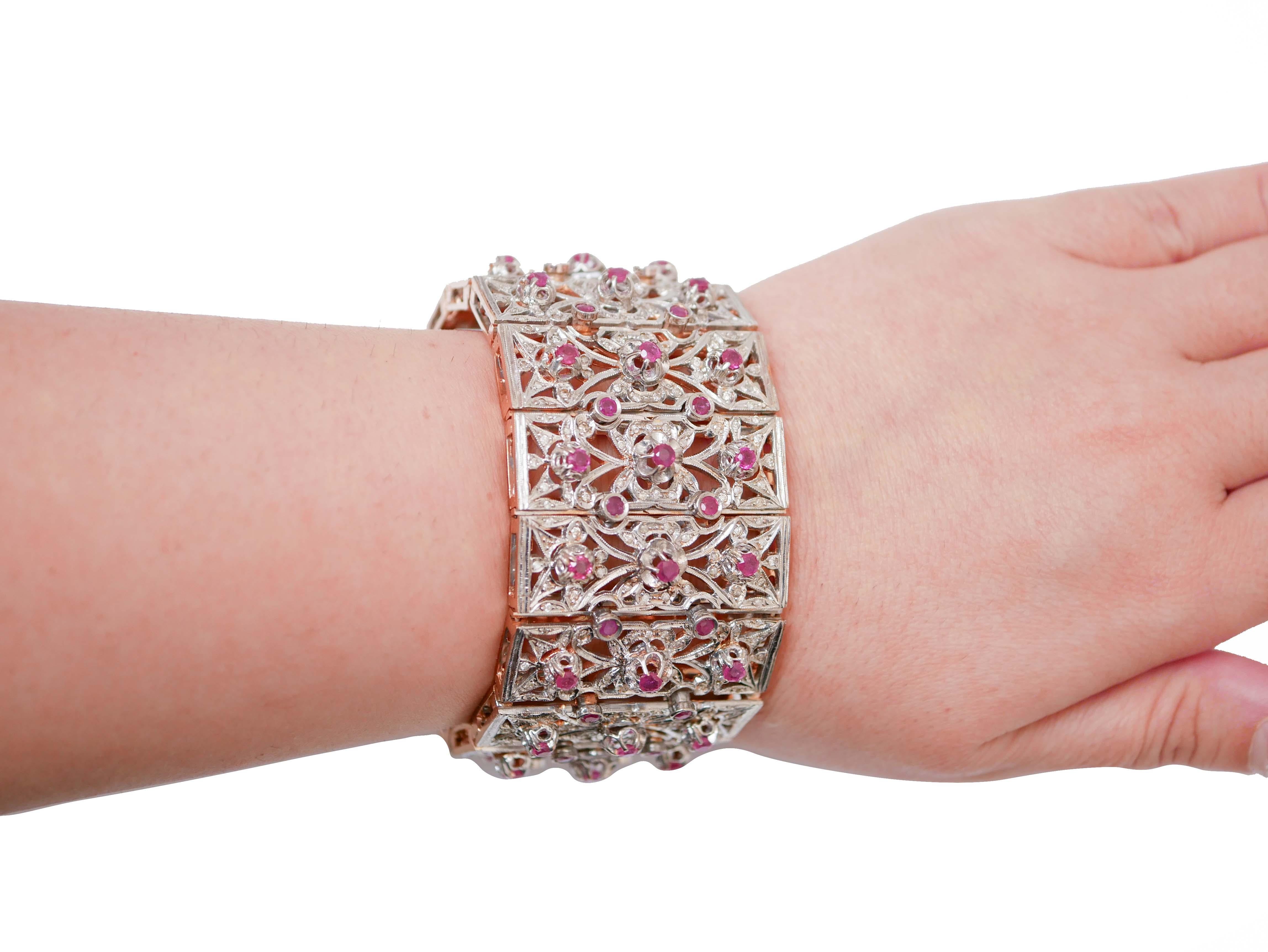 Retrò-Armband aus Rubinen, Diamanten, Roségold und Silber. (Gemischter Schliff) im Angebot