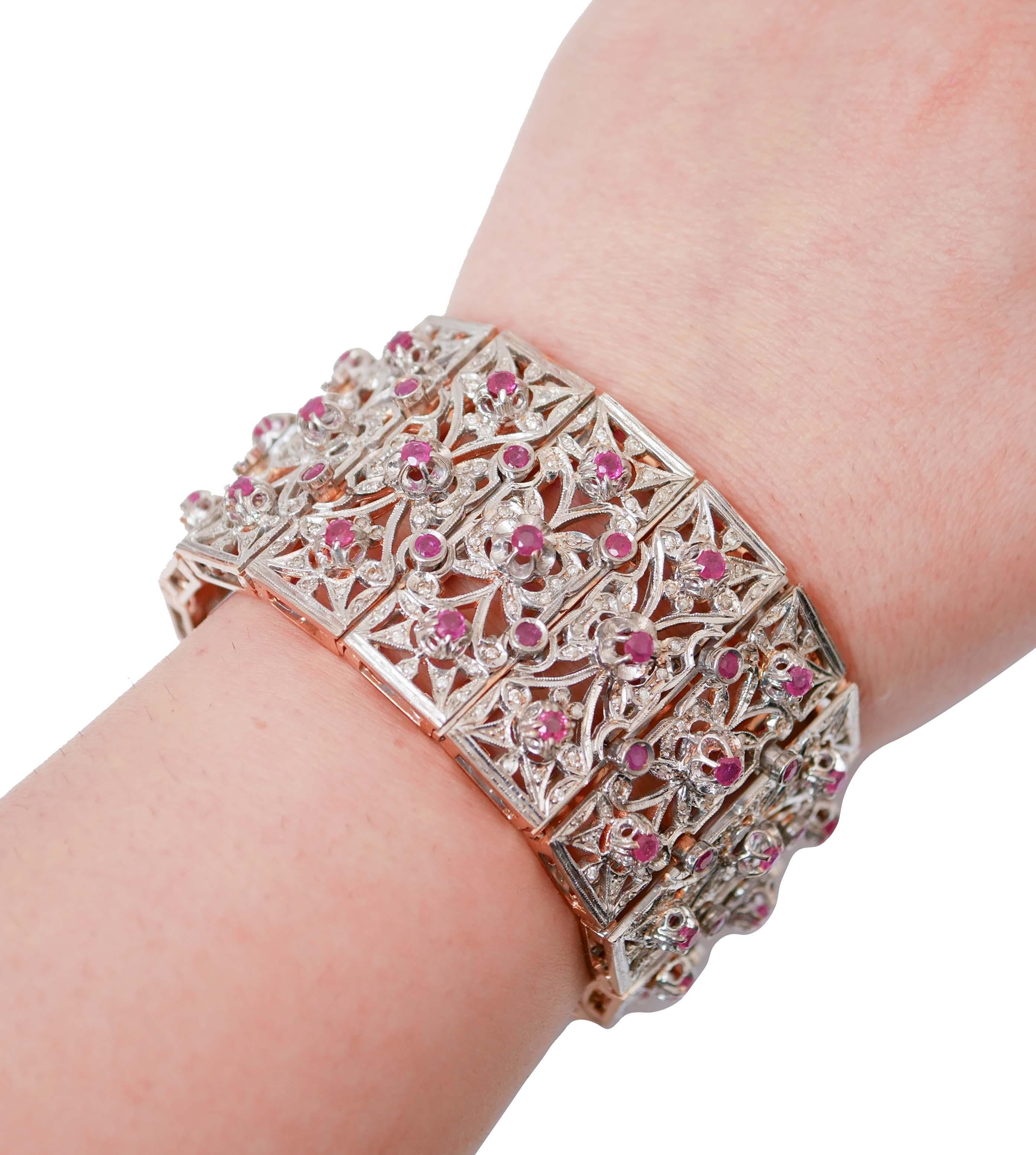 Rubies, Diamonds, Rose Gold and Silver Retrò Bracelet. In Good Condition For Sale In Marcianise, Marcianise (CE)