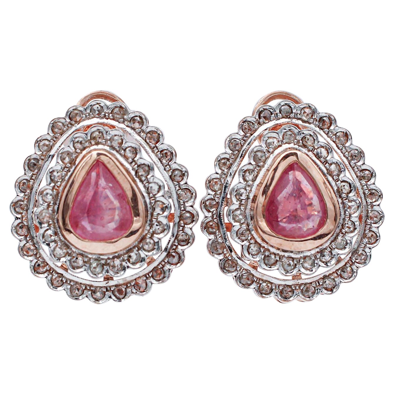 Boucles d'oreilles Retrò en rubis, diamants, or rose et argent en vente