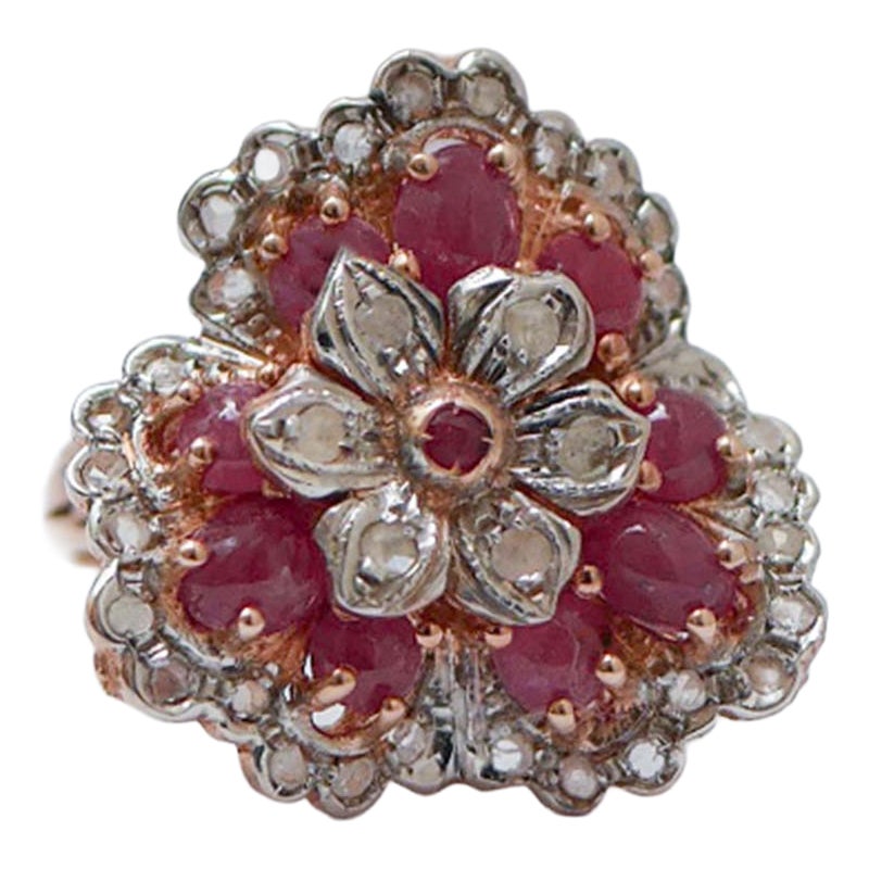 Rubies, Diamonds, Rose Gold and Silver Ring.