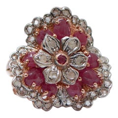 Vintage Rubies, Diamonds, Rose Gold and Silver Ring.