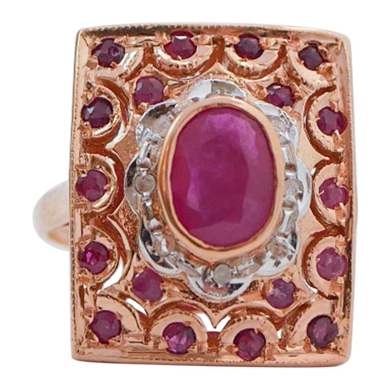 Rubis, diamants, bague en or rose et argent. en vente