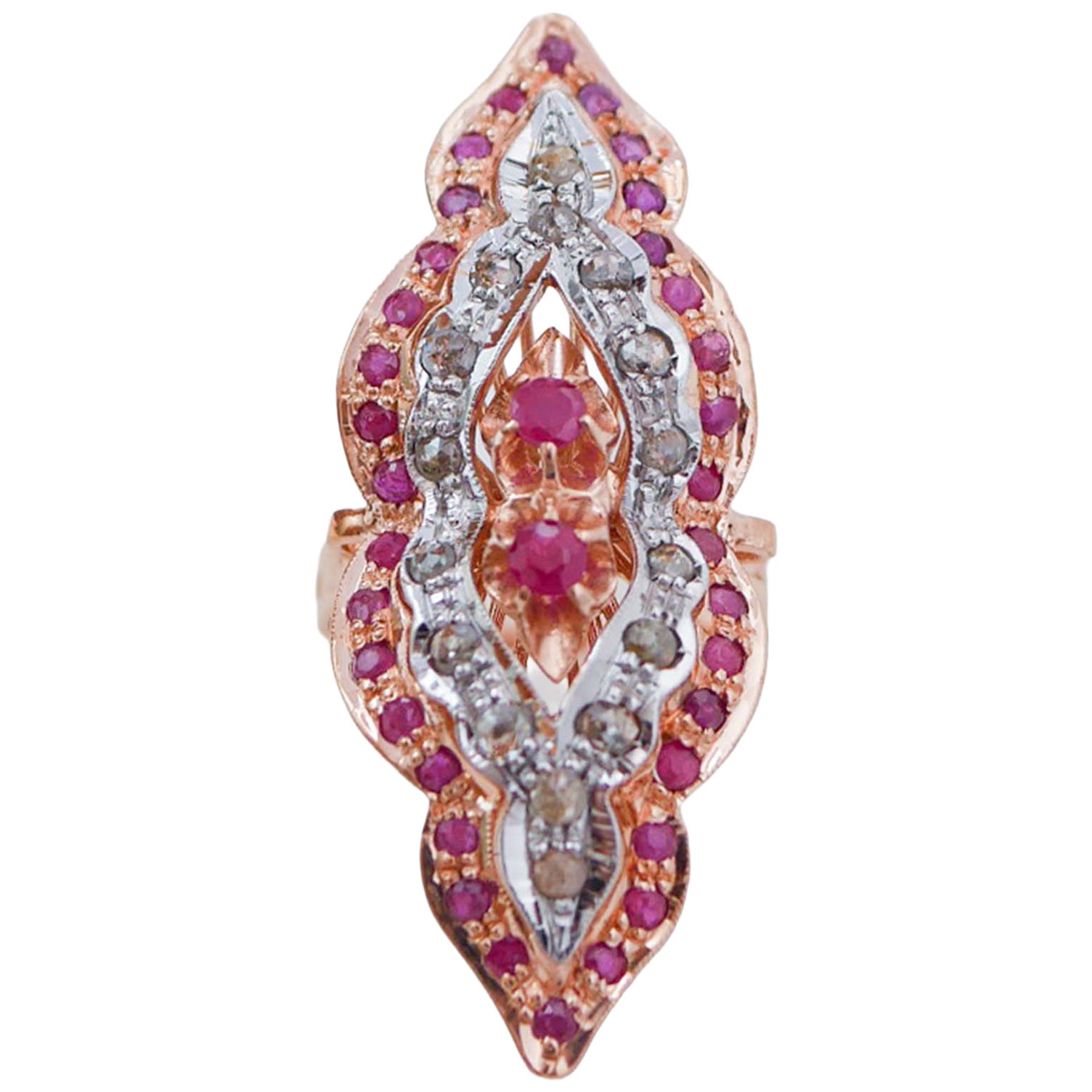 Rubis, diamants, bague en or rose et argent.