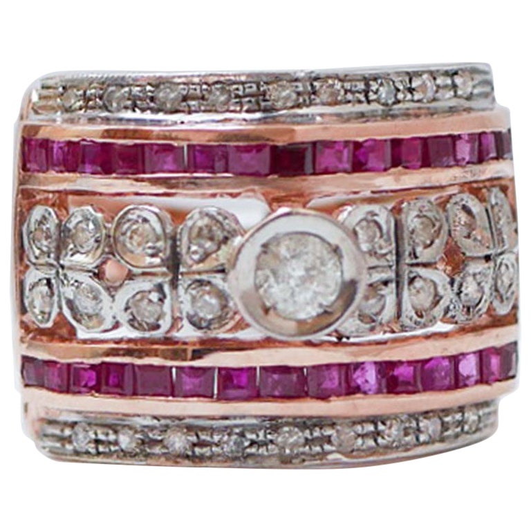 Rubis, diamants, bague en or rose et argent. en vente