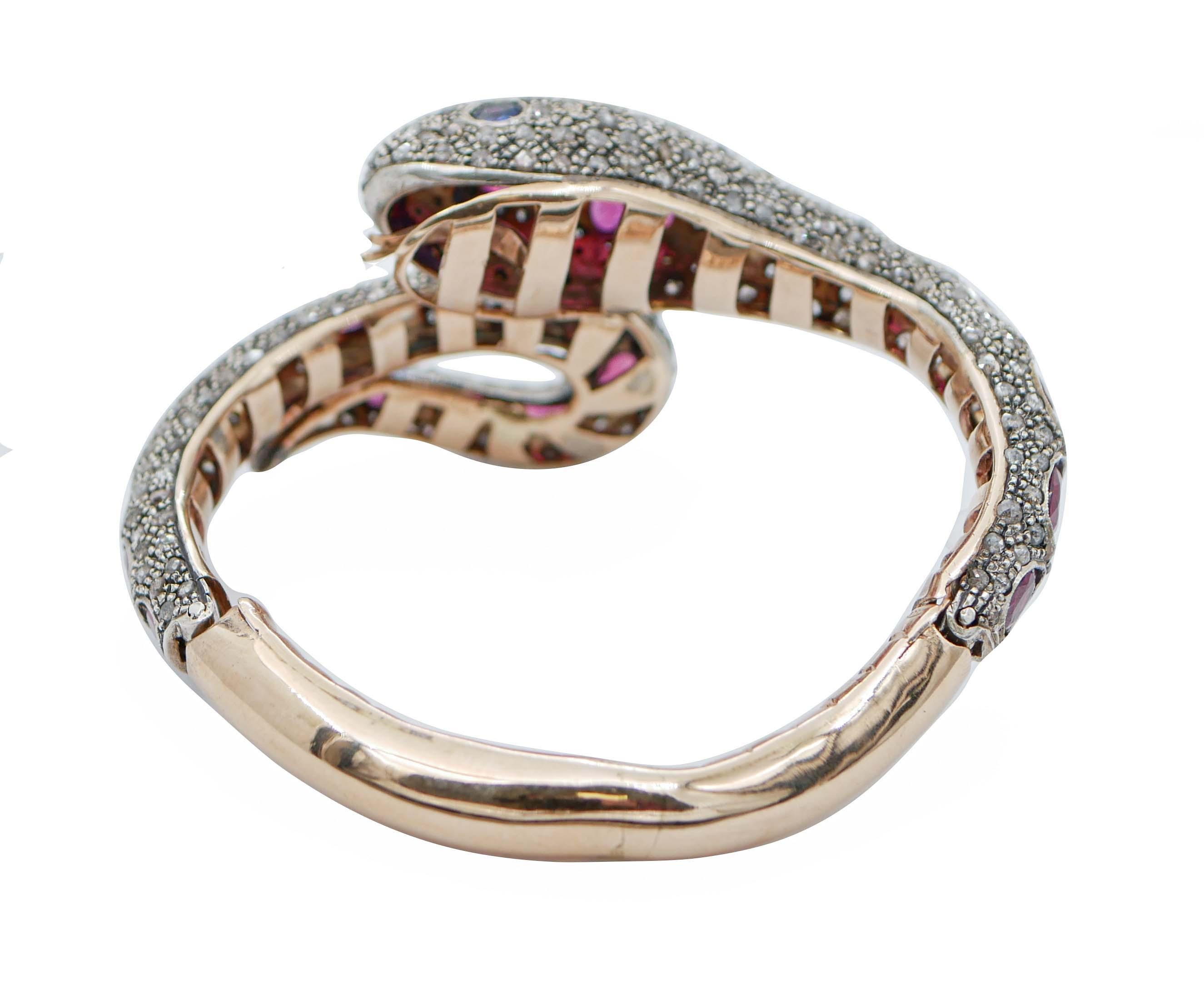 Mixed Cut Rubies, Diamonds, Rose Gold and Silver Snake Bracelet For Sale