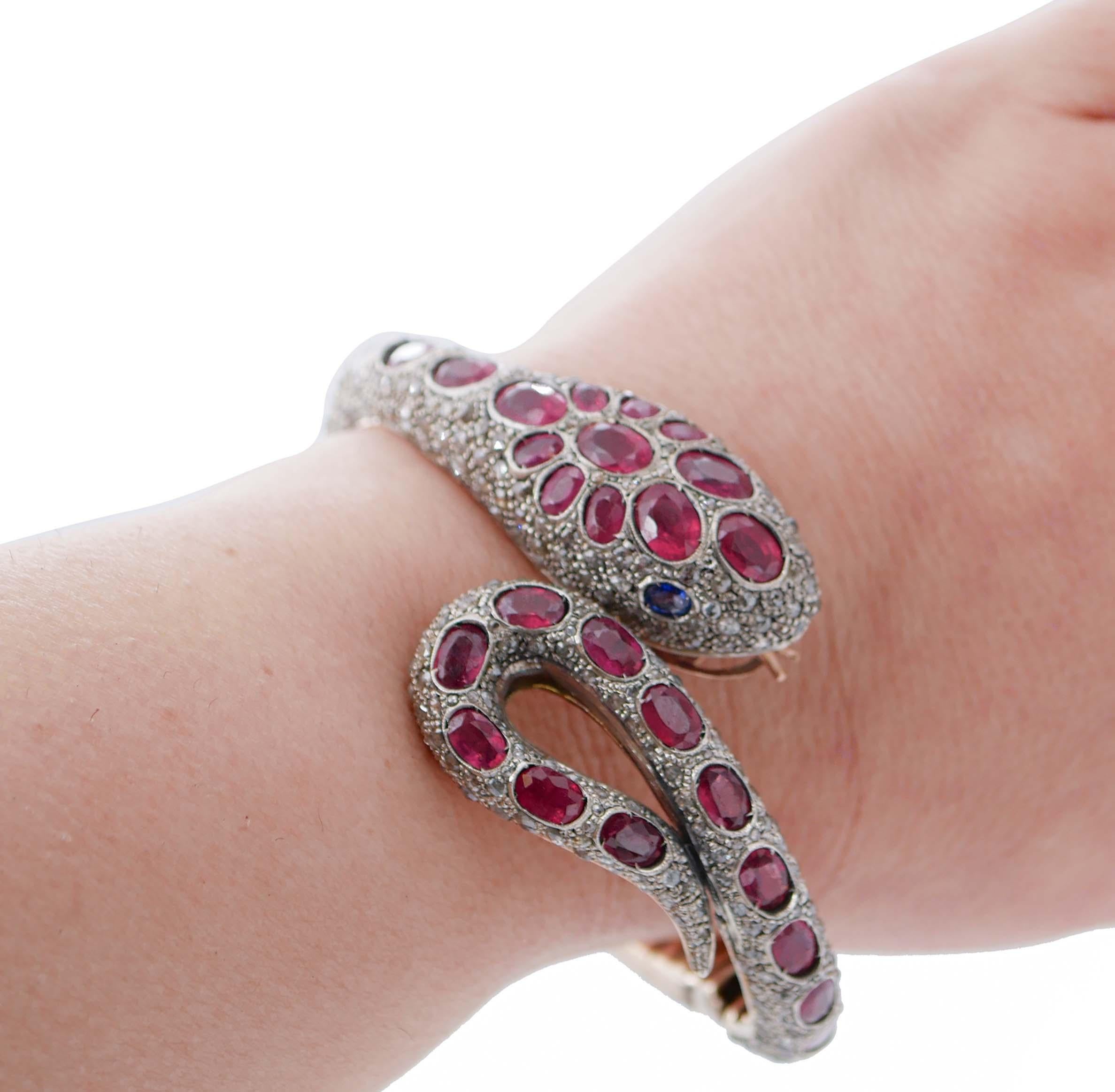 Women's Rubies, Diamonds, Rose Gold and Silver Snake Bracelet For Sale