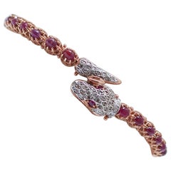 Rubies, Diamonds, Rose Gold and Silver Snake Bracelet.