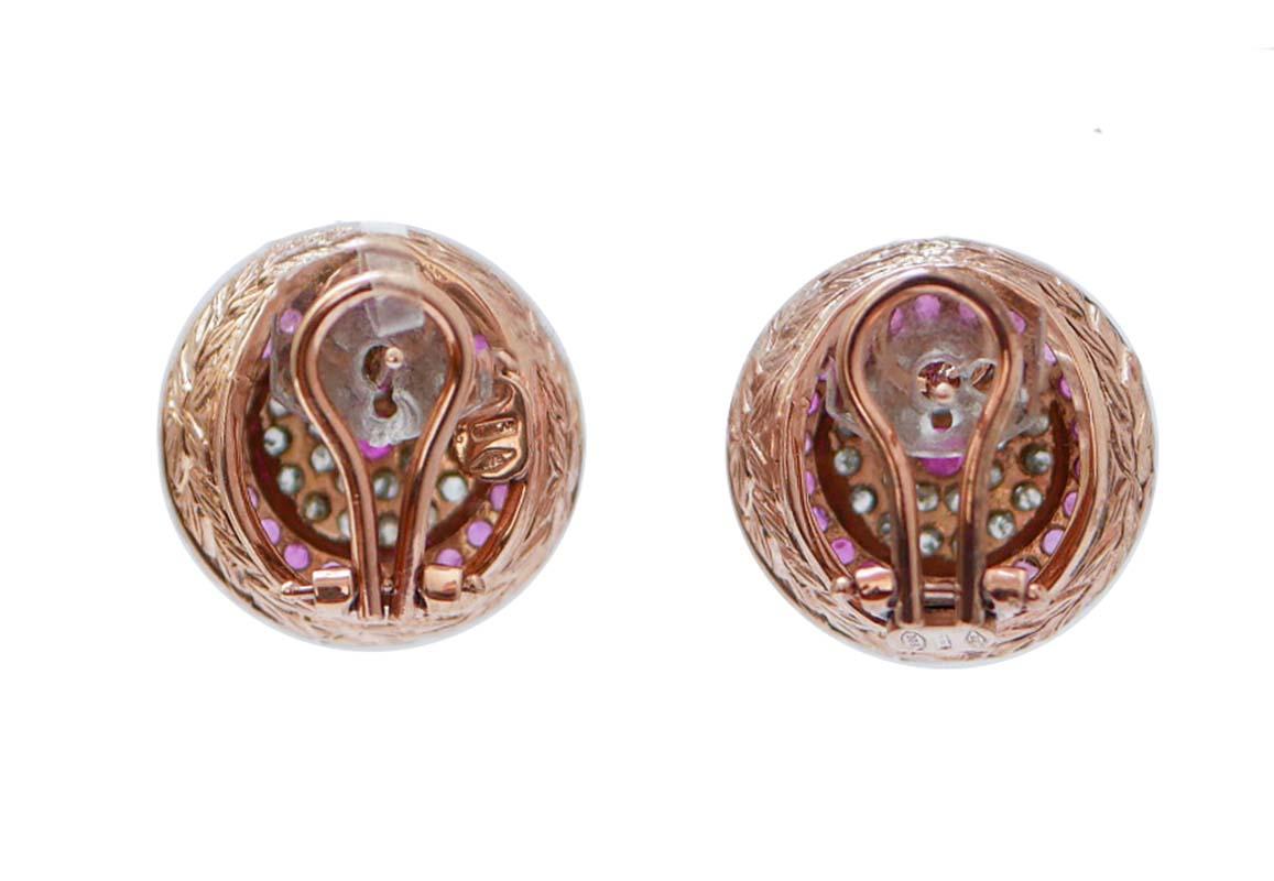 Rétro Orecchini con rubini, diamanti, oro rosa e argento in vendita