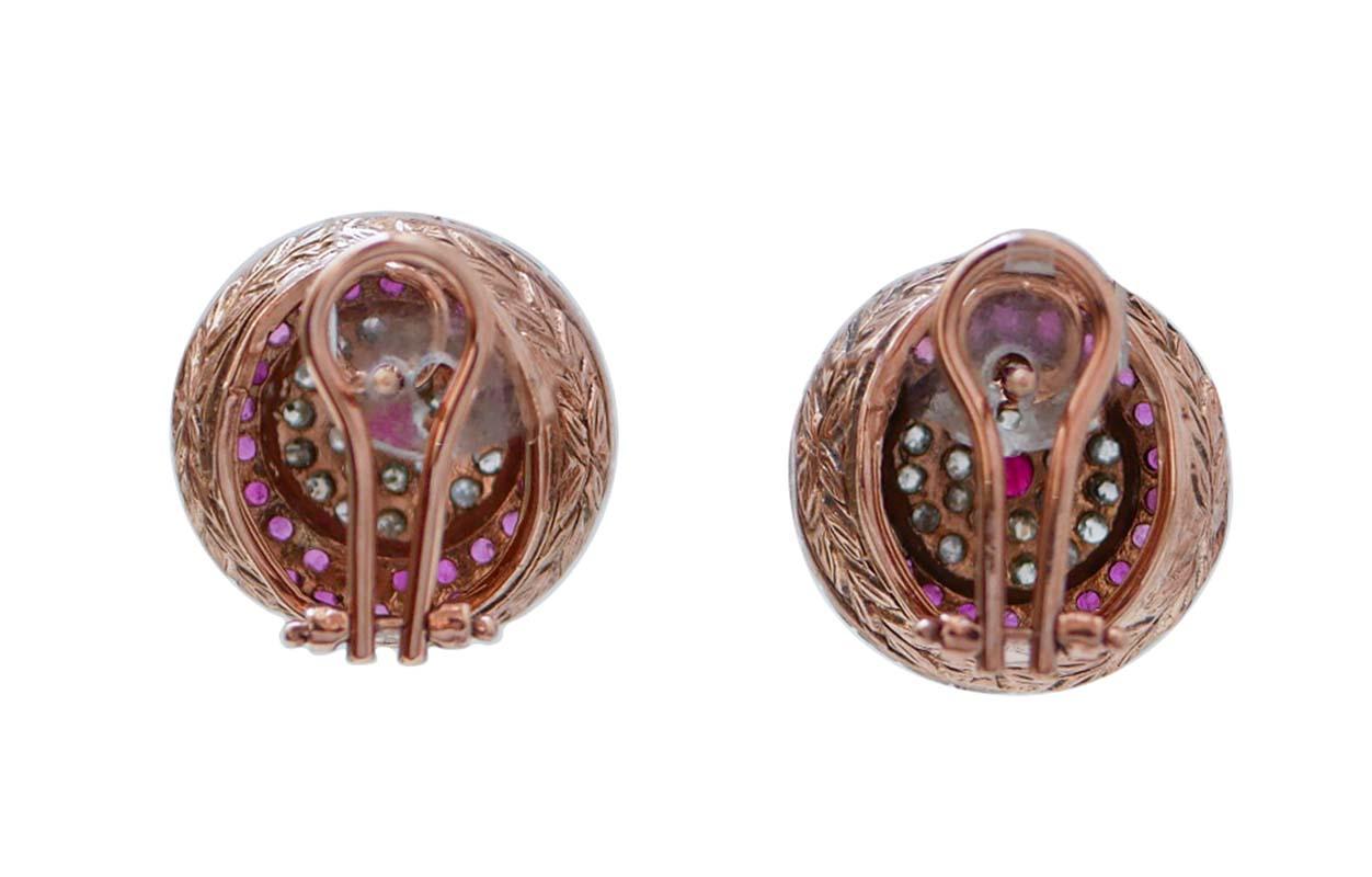 Rétro Orecchini con rubini, diamanti, oro rosa e argento in vendita