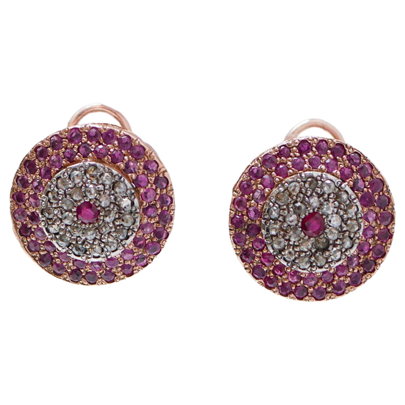 Rubies, Diamonds, Rose Gold and Silver Stud Earrings
