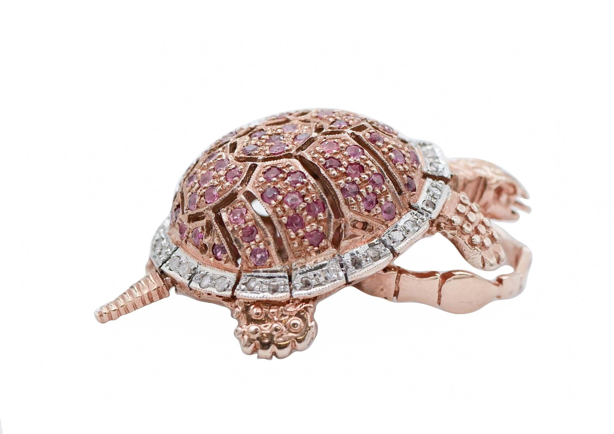 Rétro Bague tortue en or rose, rubis et diamants en vente