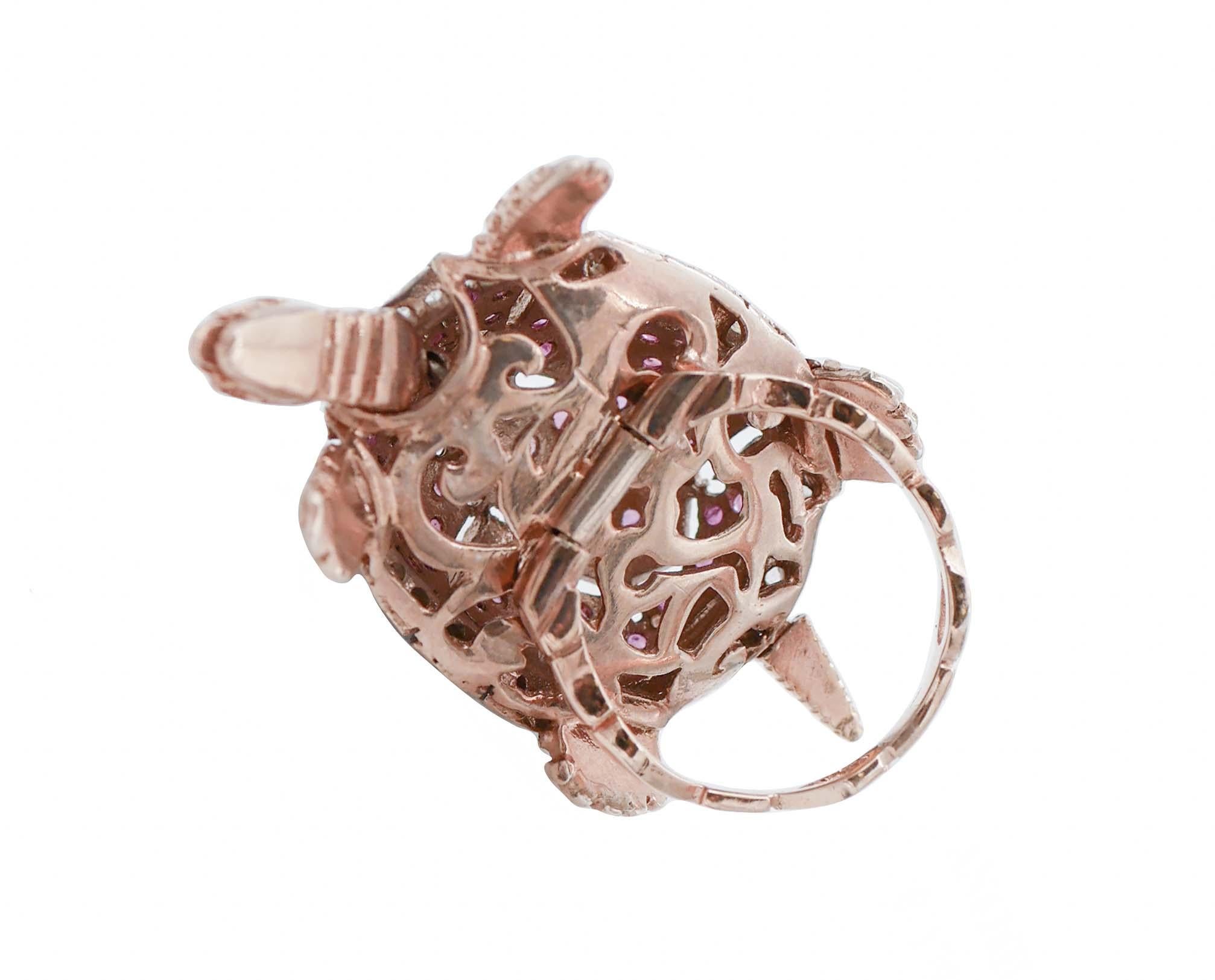 Retro Rubies, Diamonds, Rose Gold and Silver Turtle Ring For Sale