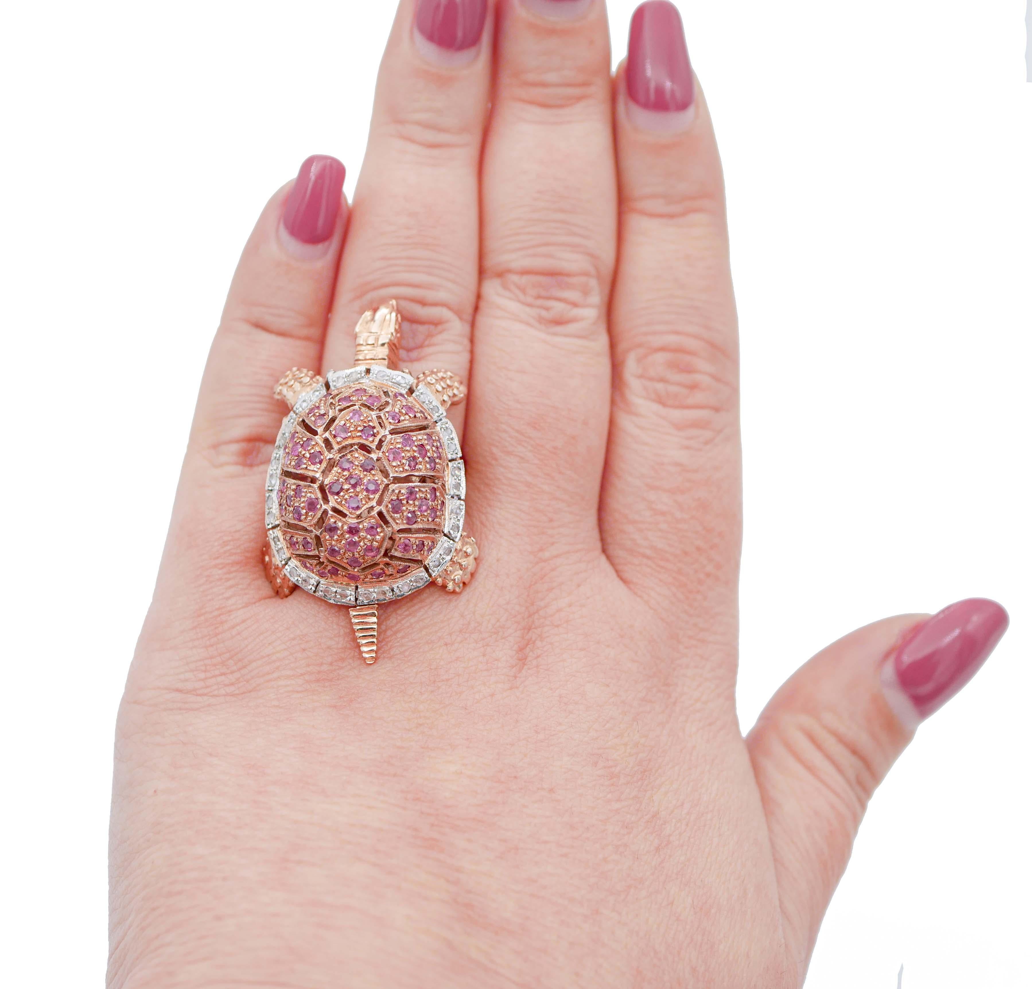 Round Cut Rubies, Diamonds, Rose Gold and Silver Turtle Ring For Sale