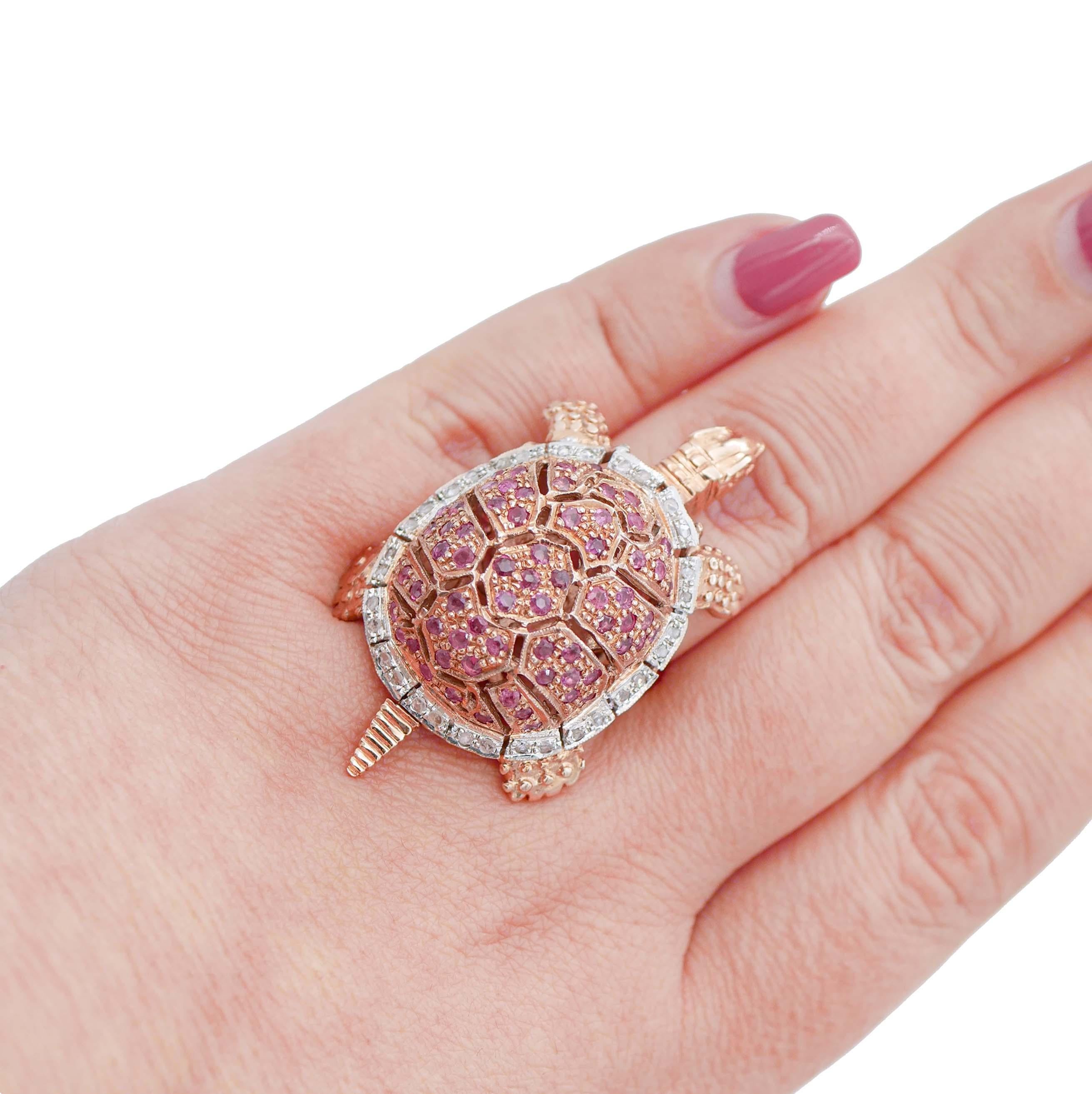 Rubies, Diamonds, Rose Gold and Silver Turtle Ring In New Condition For Sale In Marcianise, Marcianise (CE)