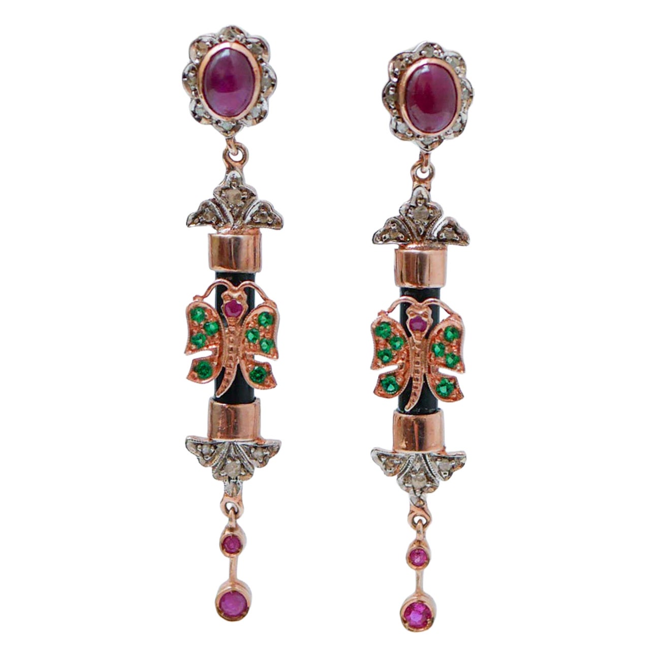 Rubini, diamanti, spinello, onice, orecchini in oro rosa e argento. in vendita
