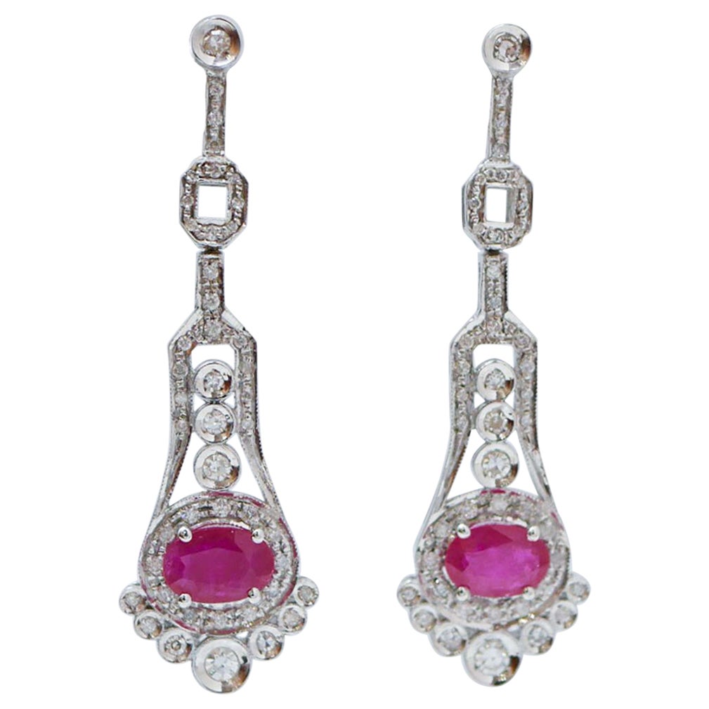 Rubies, Diamonds, White Gold Dangle Earrings