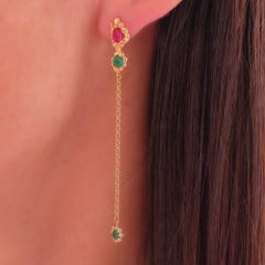 Anais Rheiner 18 Karat Yellow Gold Ruby Emerald Chain Drop Earrings