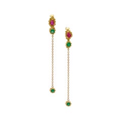 Anais Rheiner 18 Karat Yellow Gold Ruby Emerald Chain Drop Earrings