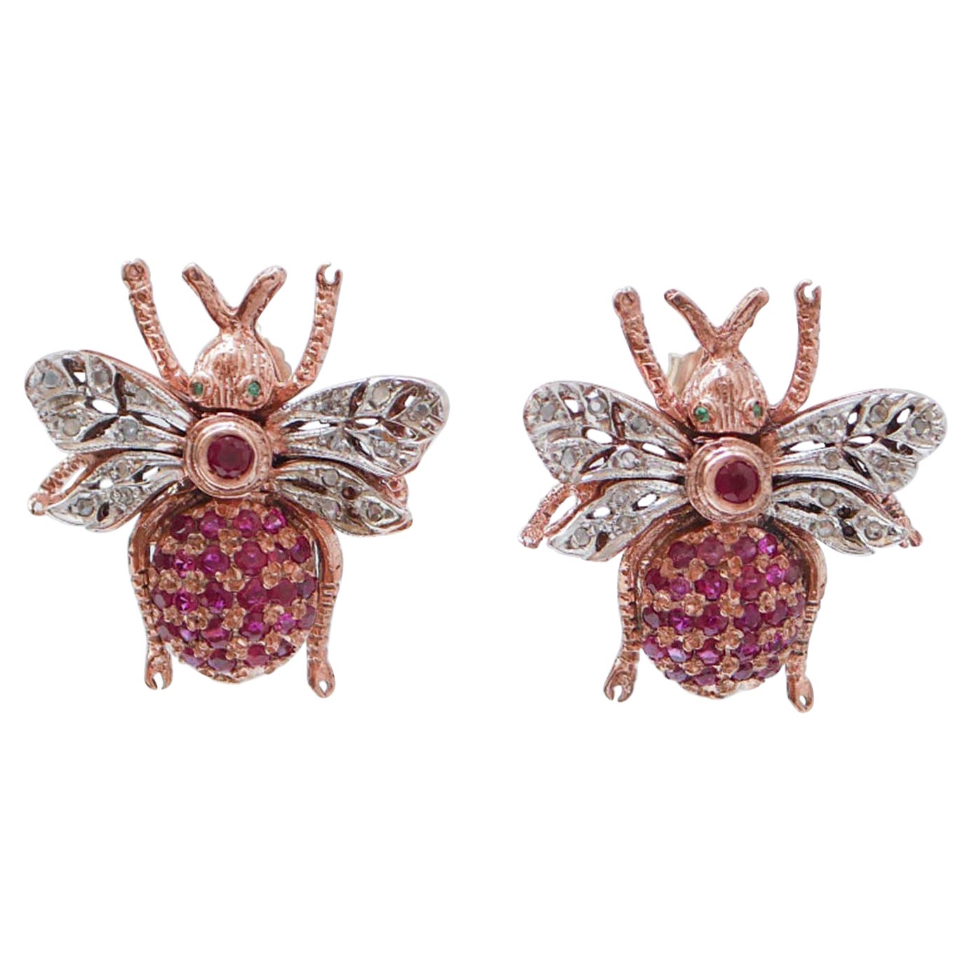 Rubies, Emeralds, Diamonds, Rose Gold and Silver Fly Earrings.