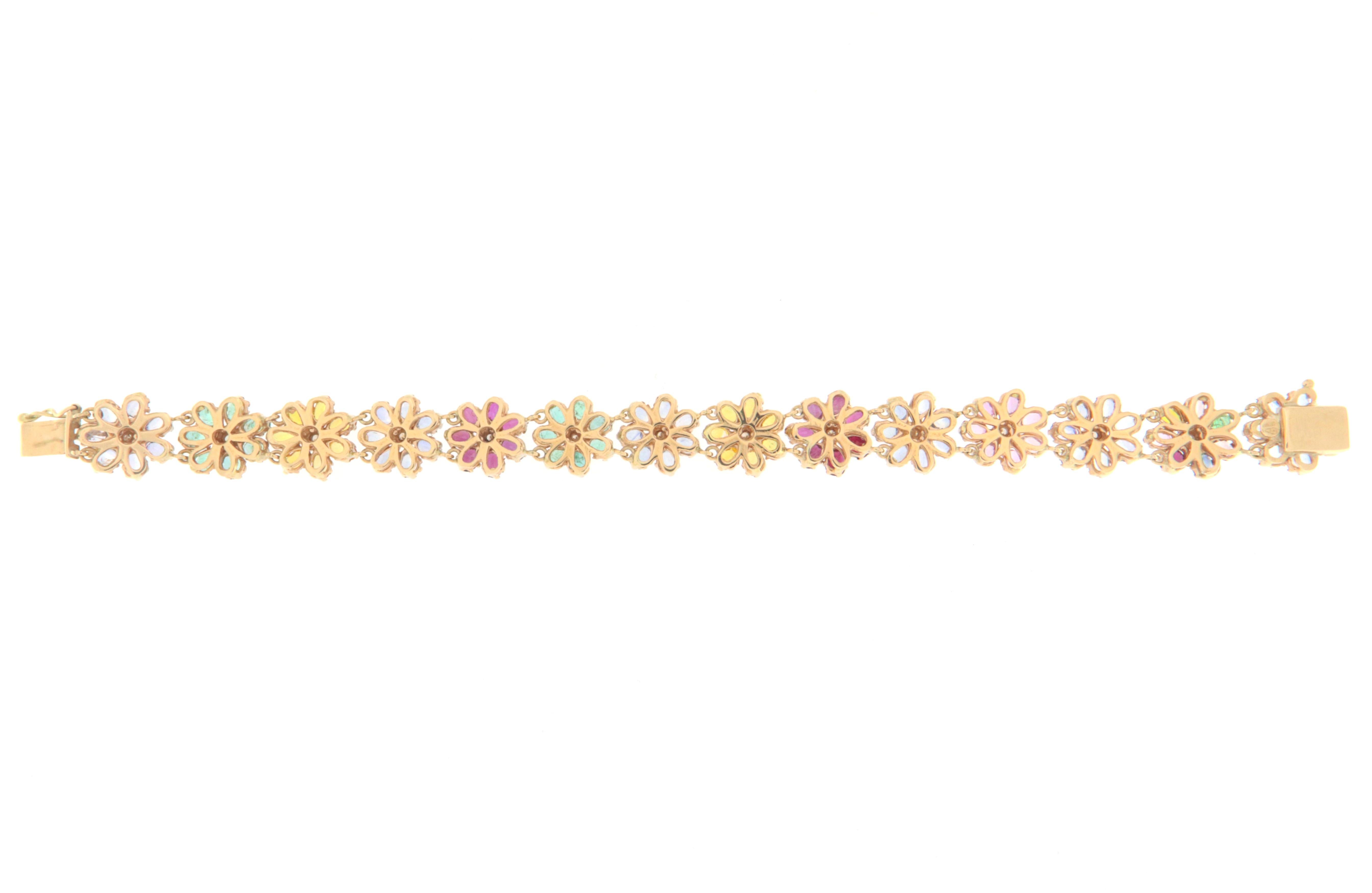 Artisan Rubies Emeralds Sapphires 14 Karat Yellow Gold Diamonds Cuff Bracelet For Sale