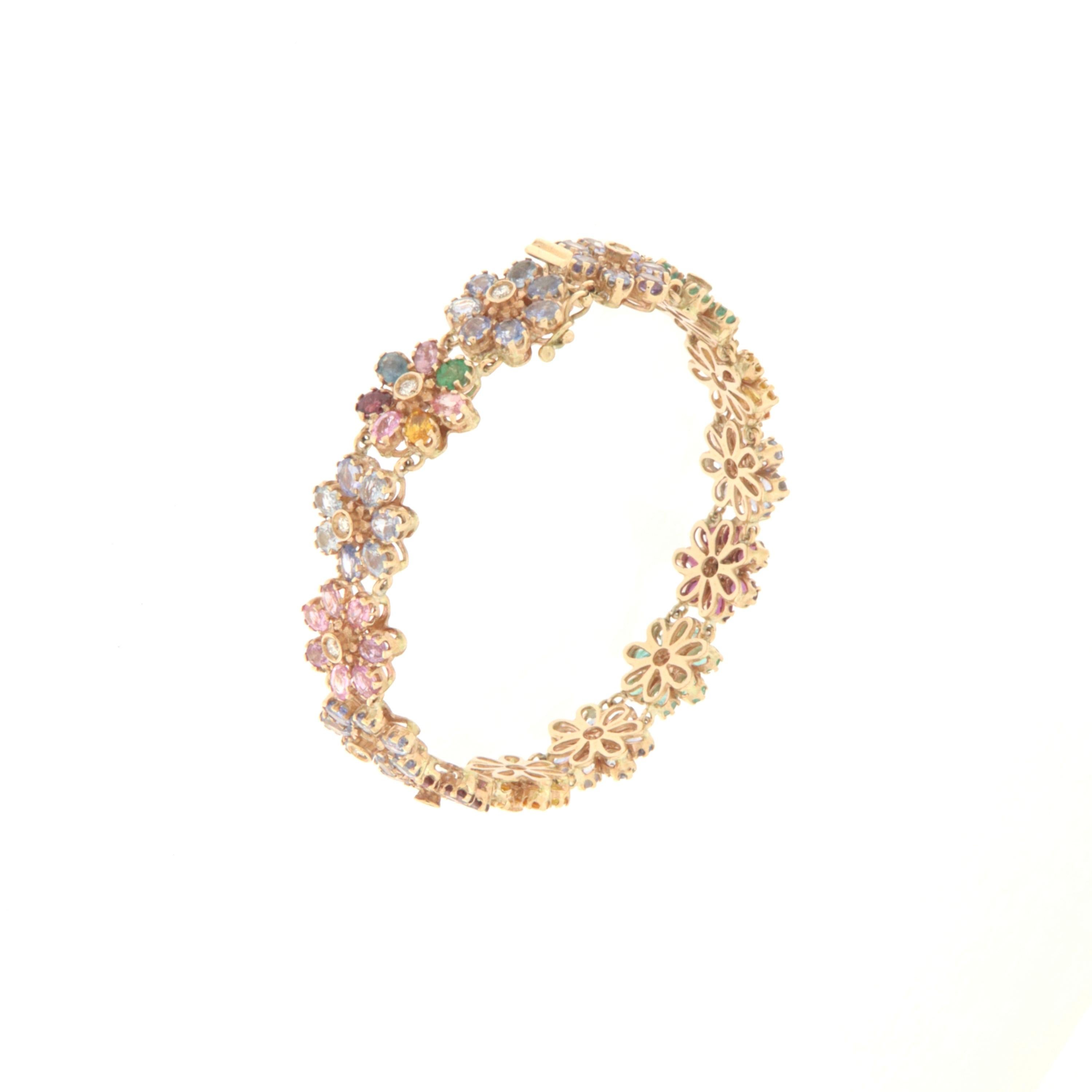 Brilliant Cut Rubies Emeralds Sapphires 14 Karat Yellow Gold Diamonds Cuff Bracelet For Sale