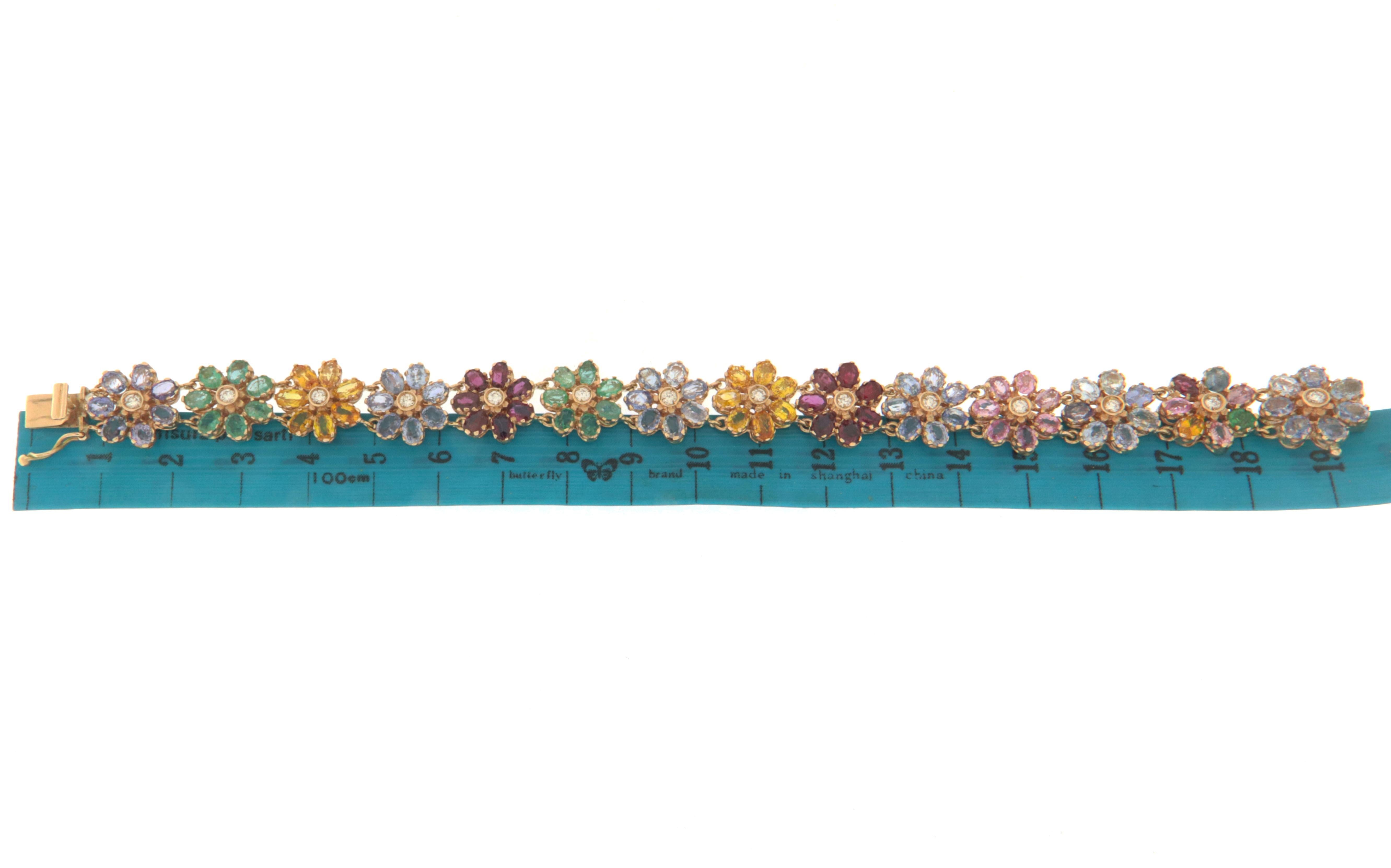 Women's Rubies Emeralds Sapphires 14 Karat Yellow Gold Diamonds Cuff Bracelet For Sale