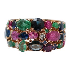 Rubies, Emeralds, Sapphires, Diamonds, 14 Karat Rose Gold Ring. Rubies, Emeralds, Sapphires, Diamonds, 14 Karat Rose Gold Ring.
