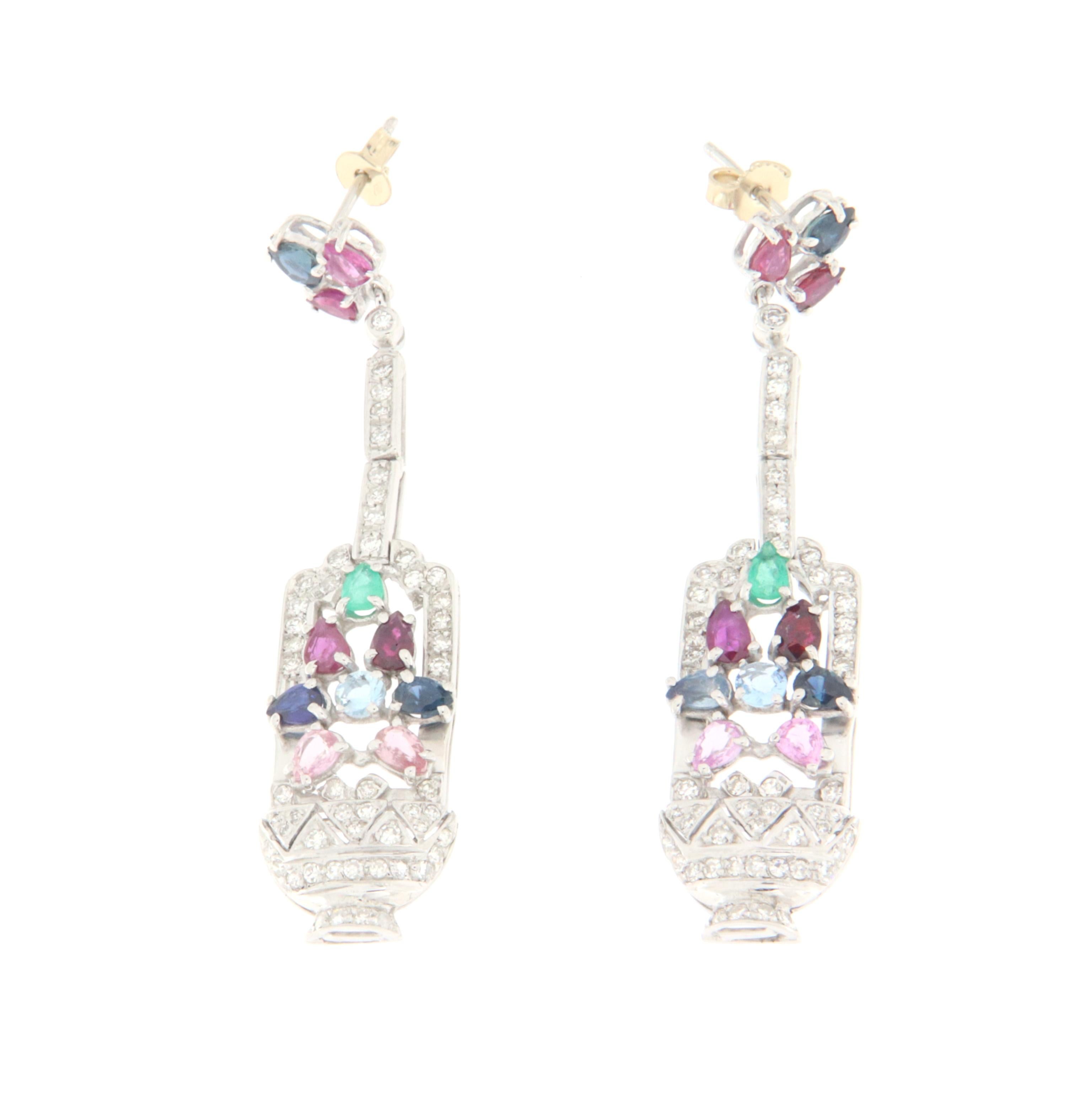 Artisan Rubies Emeralds Sapphires Diamonds 18 Karat White Gold Drop Earrings For Sale