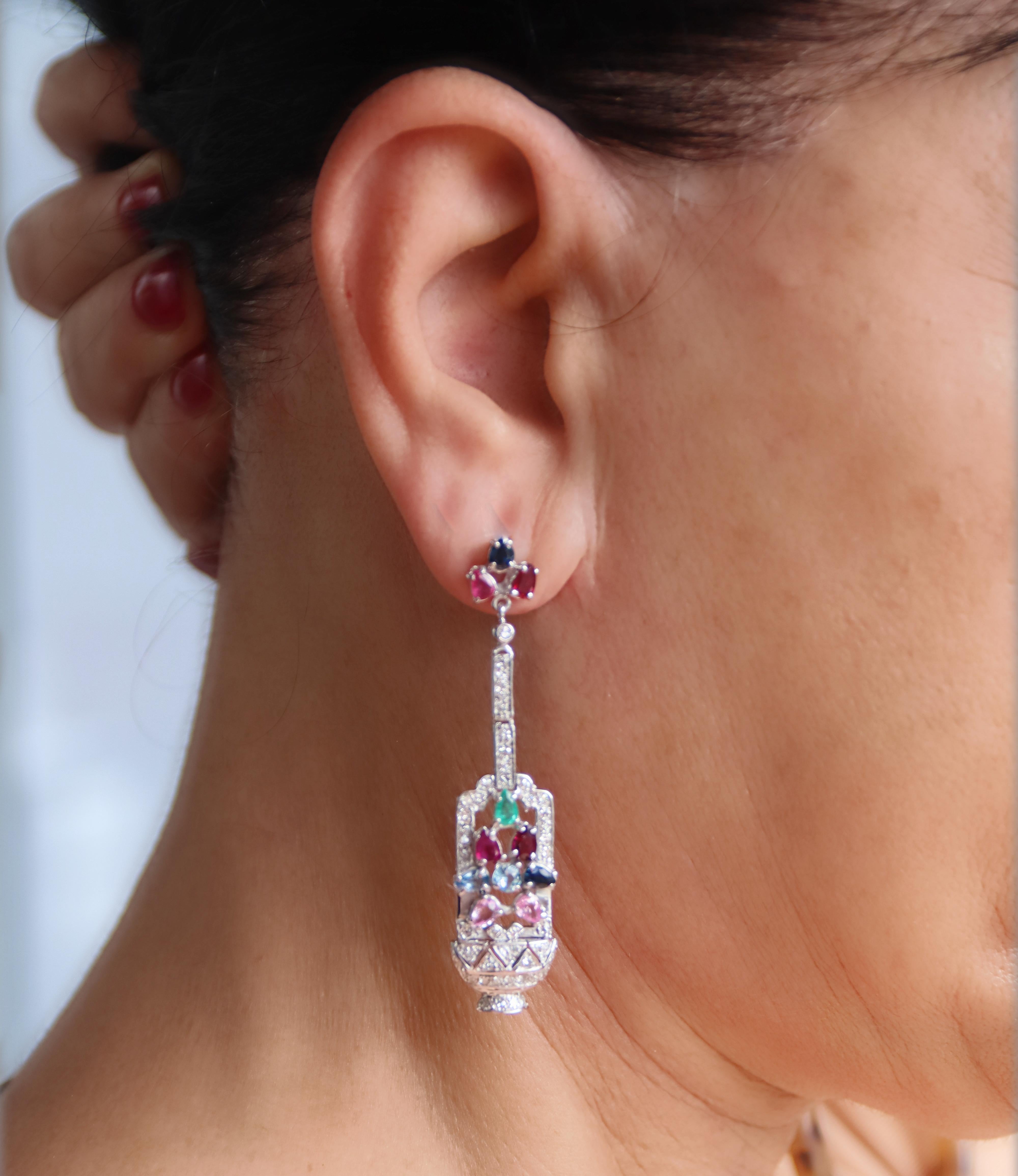 Brilliant Cut Rubies Emeralds Sapphires Diamonds 18 Karat White Gold Drop Earrings For Sale