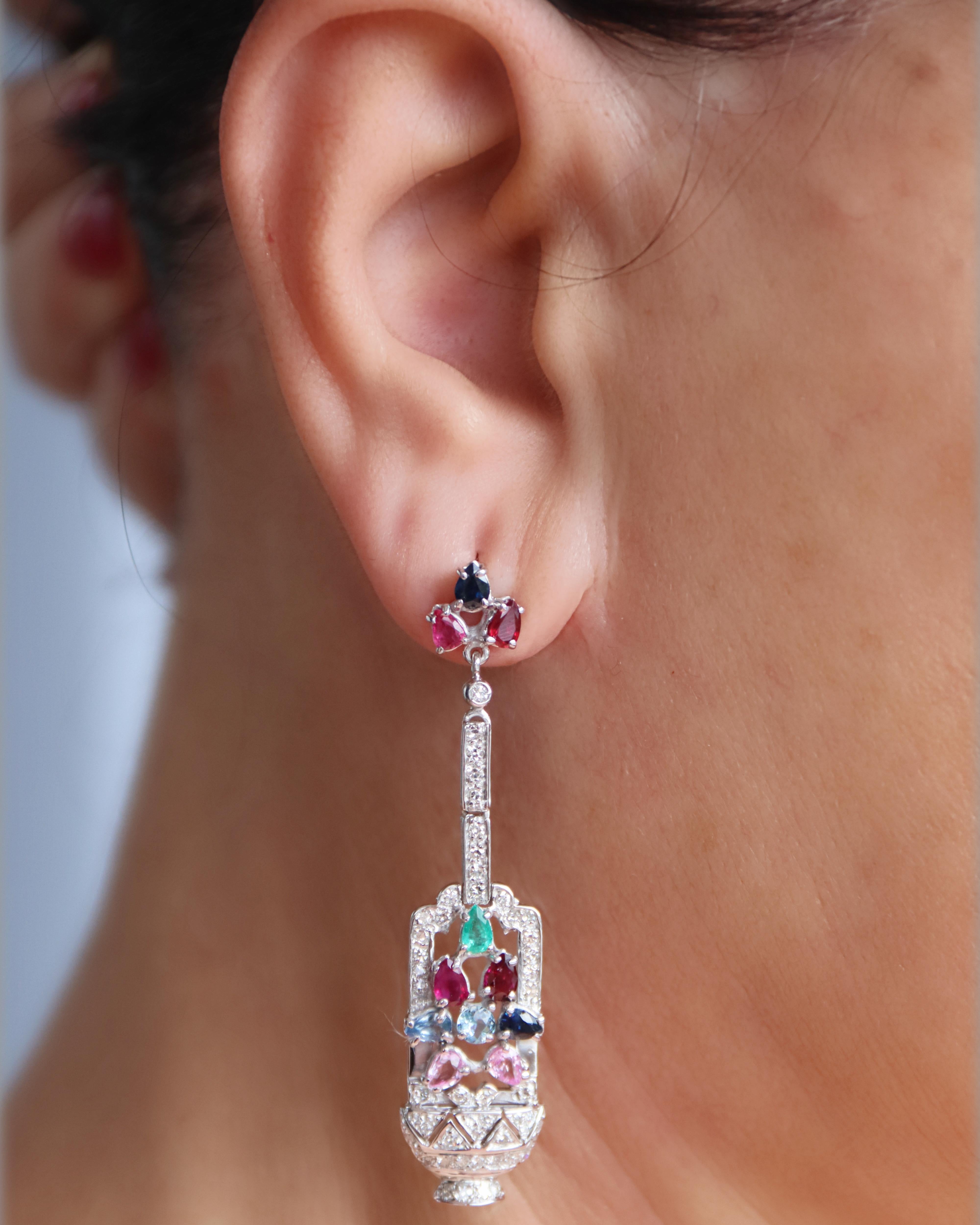 Rubies Emeralds Sapphires Diamonds 18 Karat White Gold Drop Earrings In New Condition For Sale In Marcianise, IT
