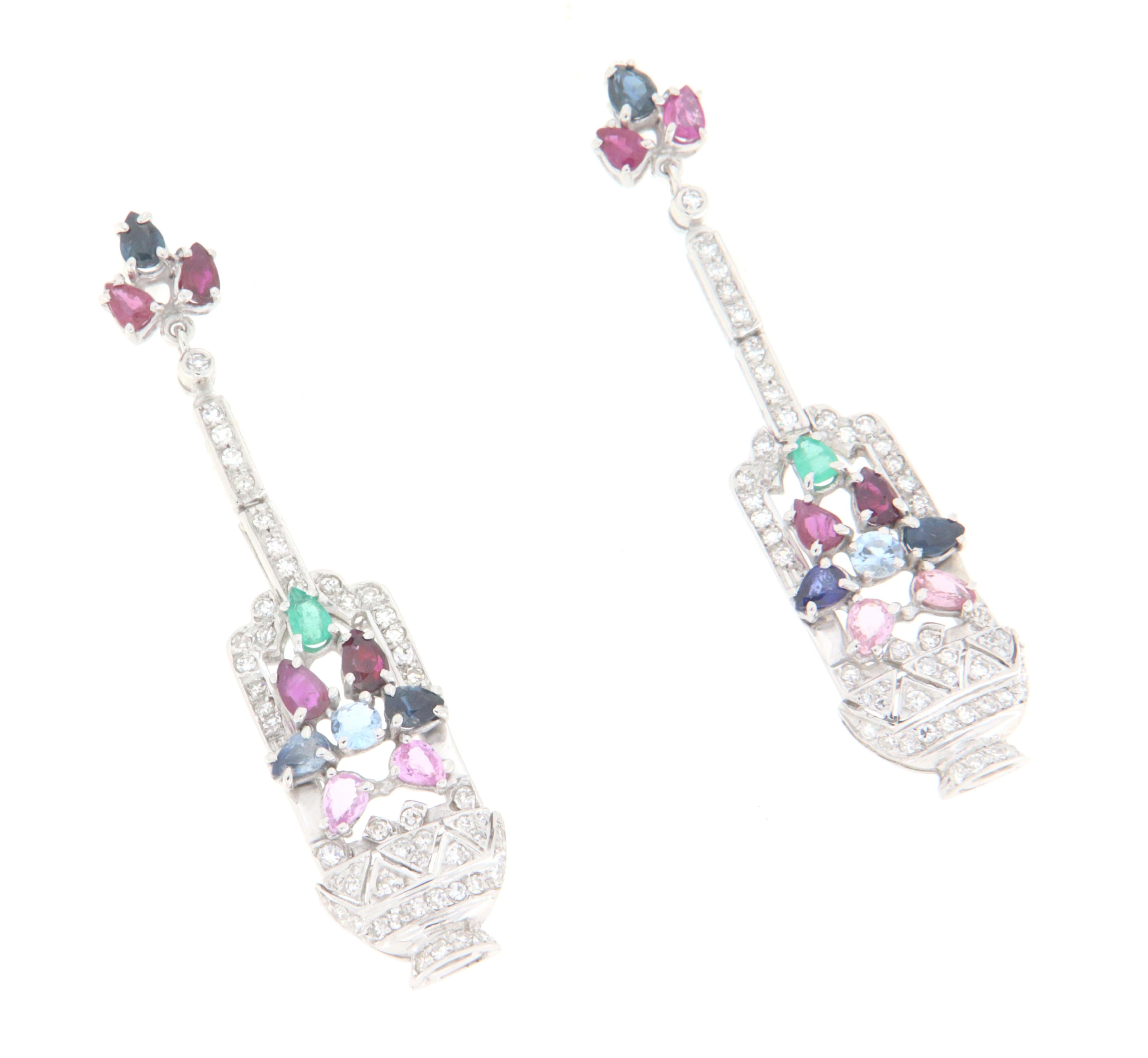 Rubies Emeralds Sapphires Diamonds 18 Karat White Gold Drop Earrings For Sale 1