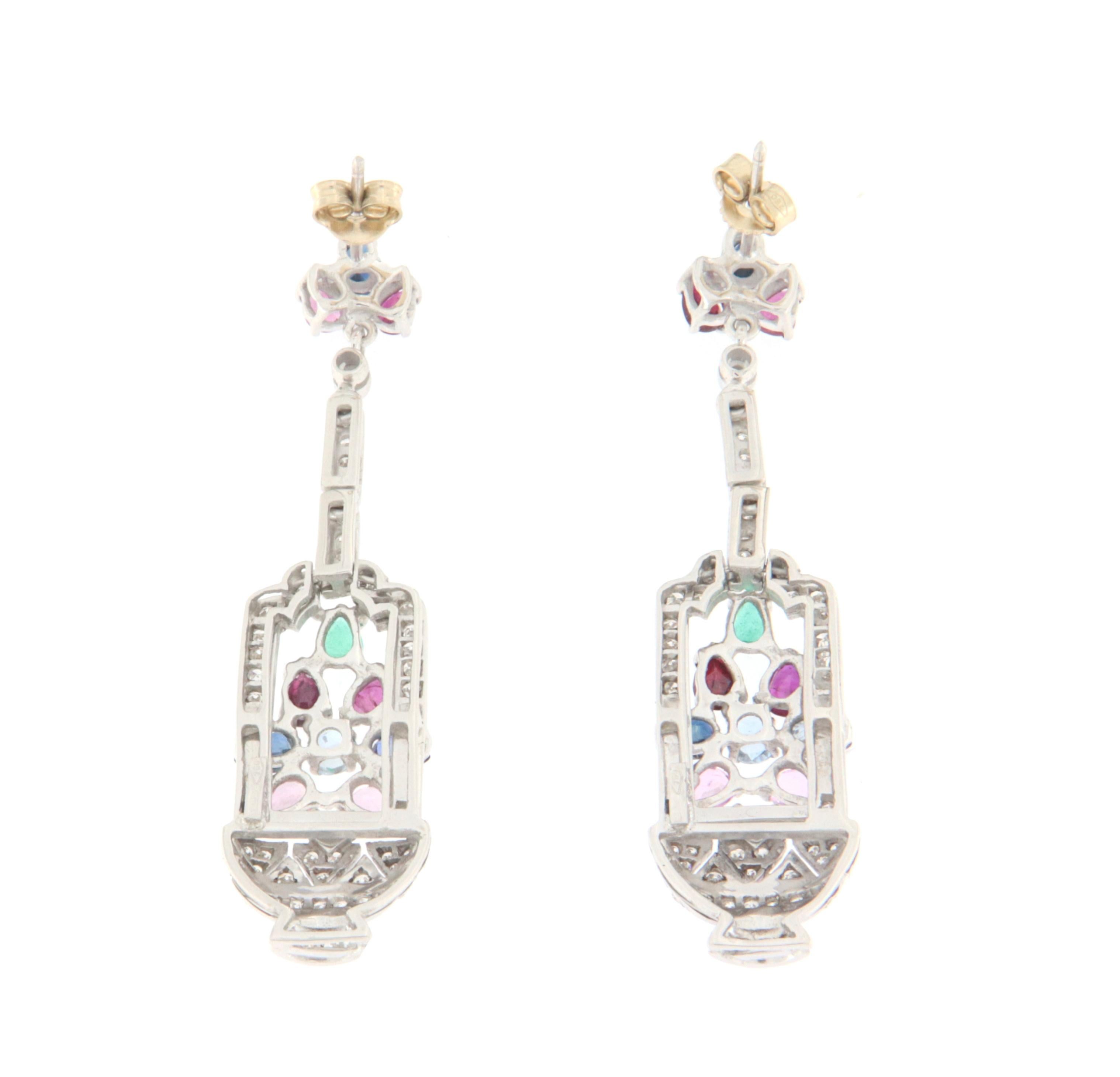 Rubies Emeralds Sapphires Diamonds 18 Karat White Gold Drop Earrings For Sale 3