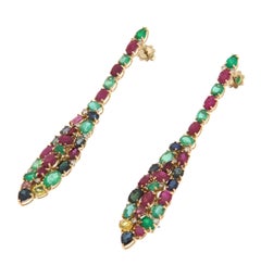 Rubies Emeralds Sapphires Diamonds 18 Carat Yellow Gold Drop Earrings
