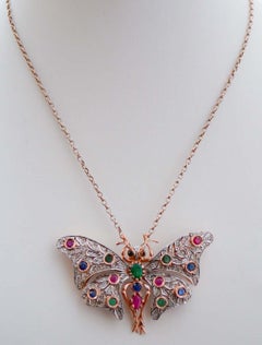 Rubies, Emeralds, Sapphires, Diamonds, Rose Gold and Silver Butterfly Brooch.