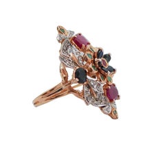 Rubies, Emeralds, Sapphires, Diamonds, Rose Gold and Silver Ring.