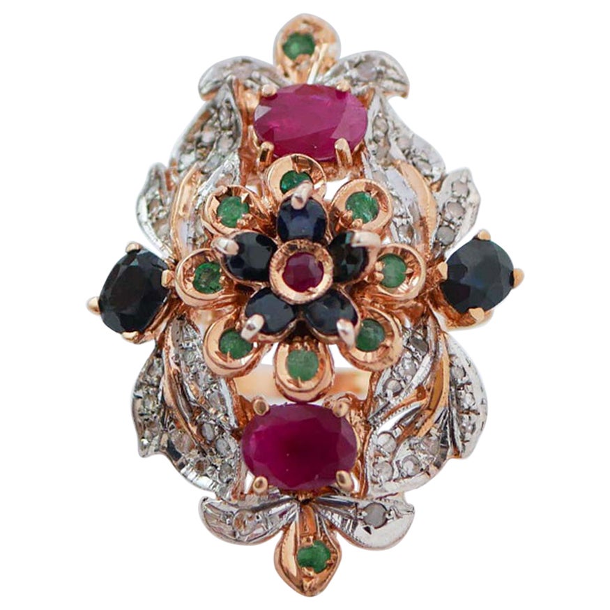 Rubies, Emeralds, Sapphires, Diamonds, Rose Gold and Silver Ring.