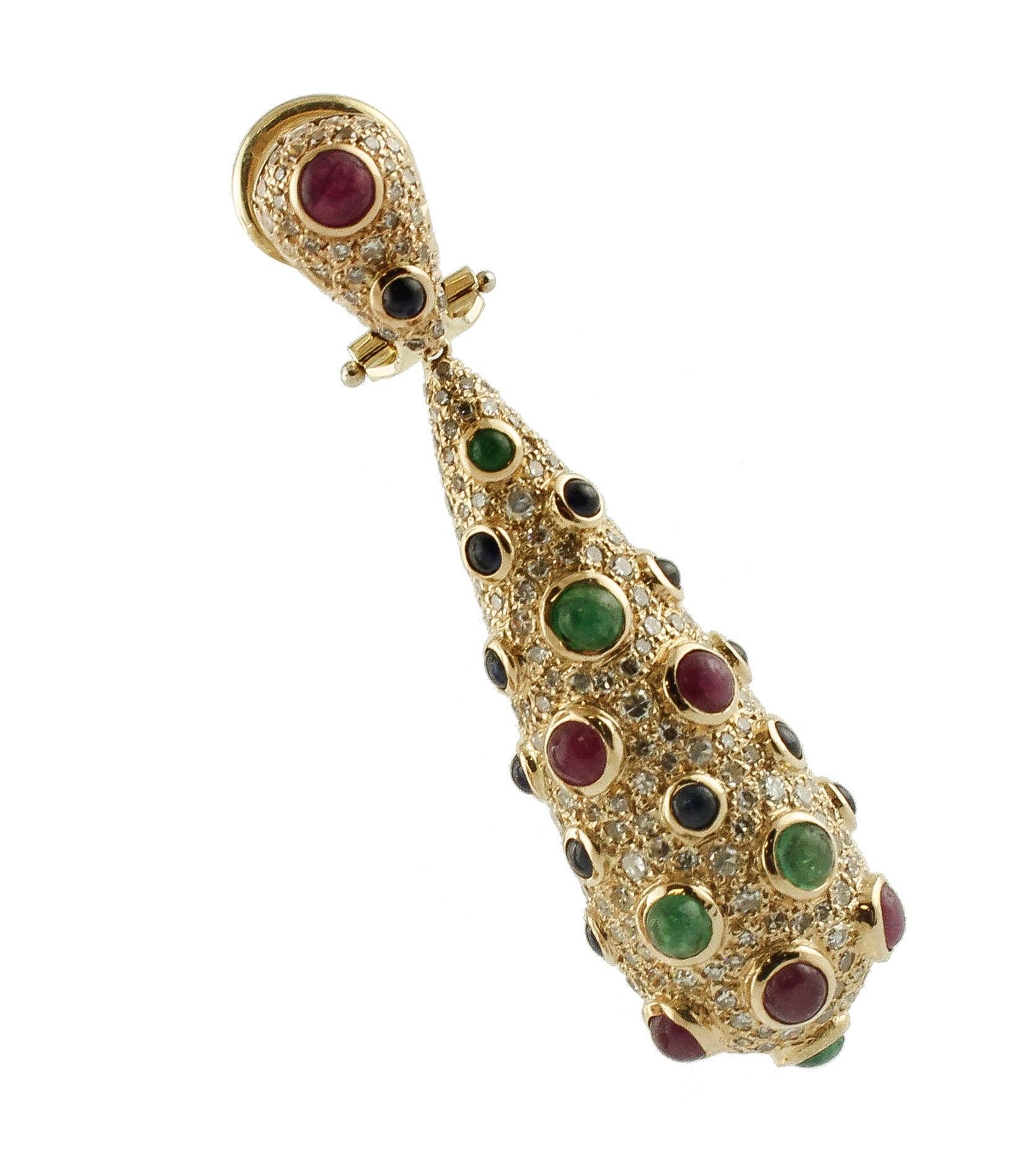 Brilliant Cut Rubies Emeralds Sapphires Diamonds Rose Gold Cocktail Earrings For Sale