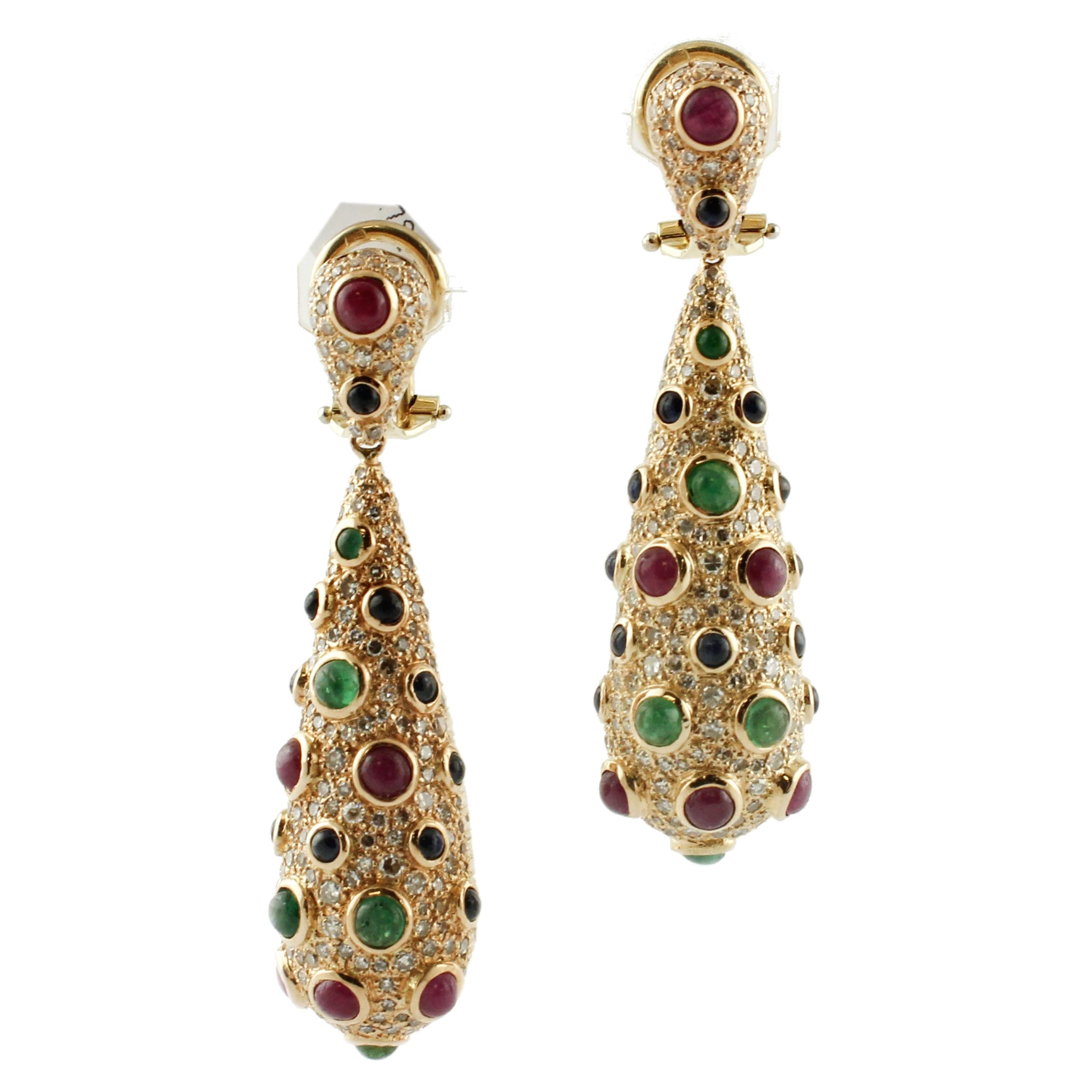 Boucles d'oreilles cocktail rubis émeraudes saphirs diamants or rose en vente