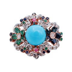 Vintage Rubies, Emeralds, Sapphires Magnesite Diamonds 9 Karat Rose Gold and Silver Ring