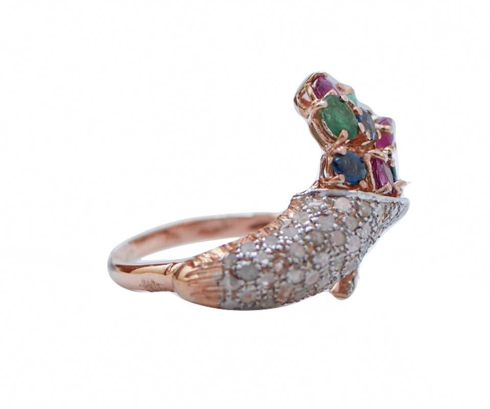 Retro Rubies, Emeralds, Sapphires, Tsavorite, Diamonds, Rose Gold and Silver Ring. For Sale