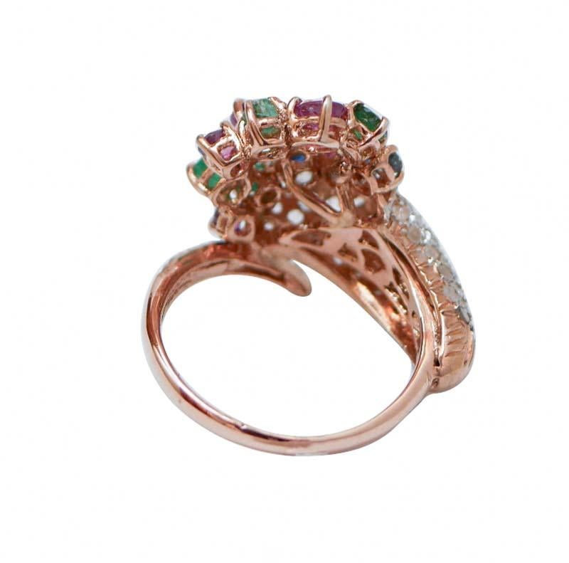 Mixed Cut Rubies, Emeralds, Sapphires, Tsavorite, Diamonds, Rose Gold and Silver Ring. For Sale