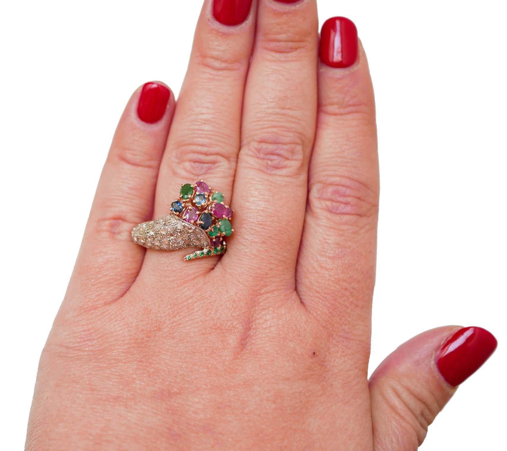 Rubies, Emeralds, Sapphires, Tsavorite, Diamonds, Rose Gold and Silver Ring. In Good Condition For Sale In Marcianise, Marcianise (CE)