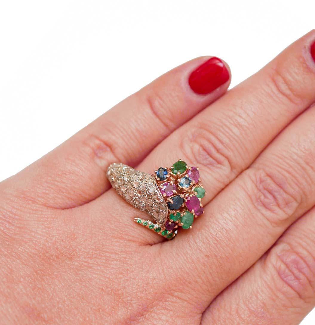 Women's Rubies, Emeralds, Sapphires, Tsavorite, Diamonds, Rose Gold and Silver Ring. For Sale