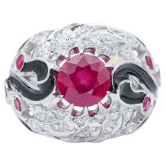 Rubies, Enamel, Diamonds, 18 Karat White Gold Ring
