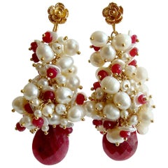 Rubies Freshwater Keshi and Seed Pearls, Cherries in the Snow Cluster Earrings