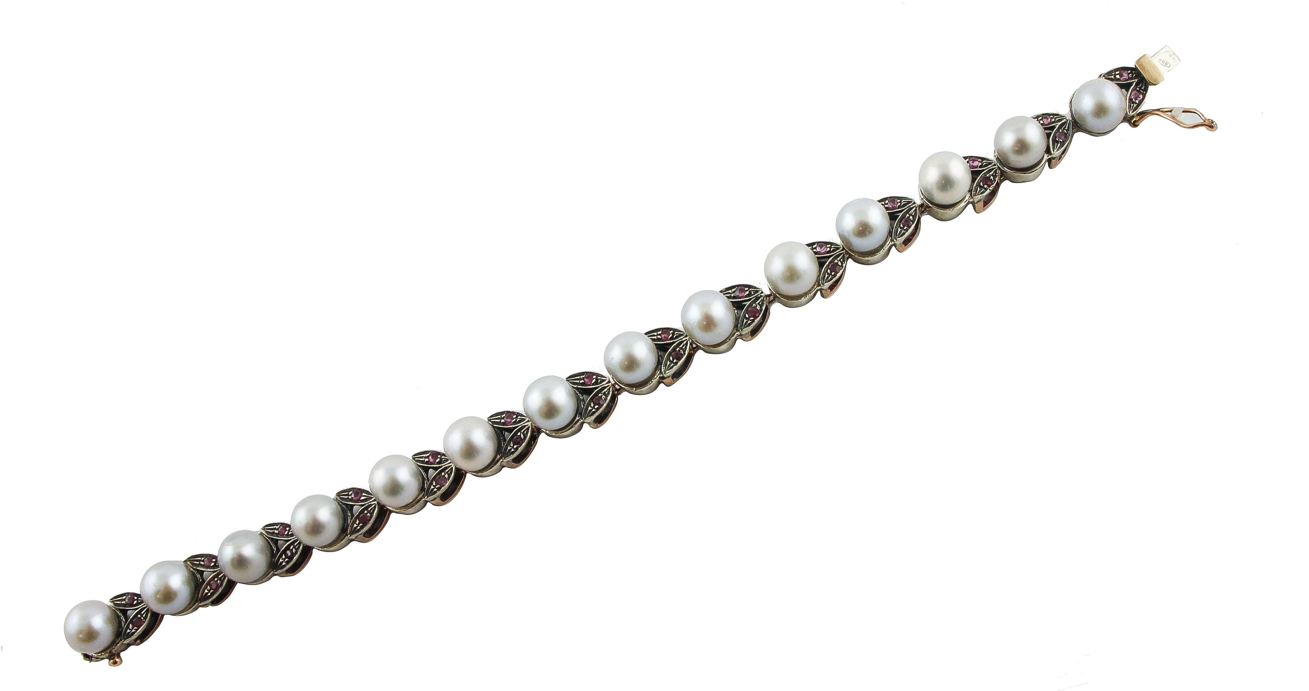 Retro Rubies Grey Pearls Rose Gold and Silver Link Bracelet