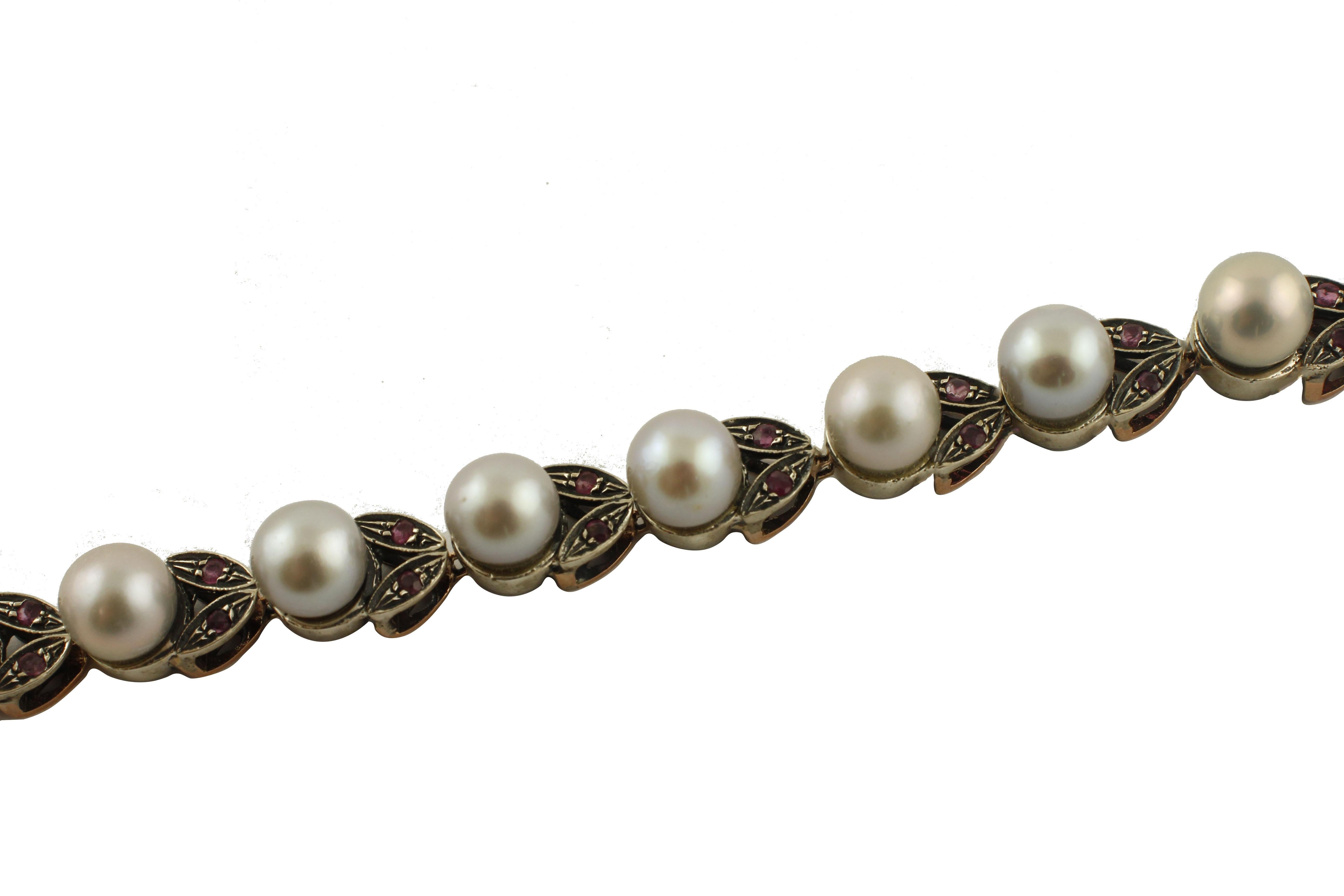 Women's Rubies Grey Pearls Rose Gold and Silver Link Bracelet